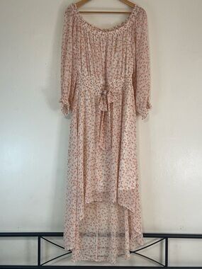 Cottagecore peasant dress, Light Pink Floral High-Low , long sleeve size large